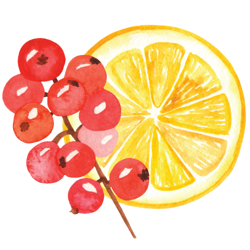 Watercolor of berries and a lemon