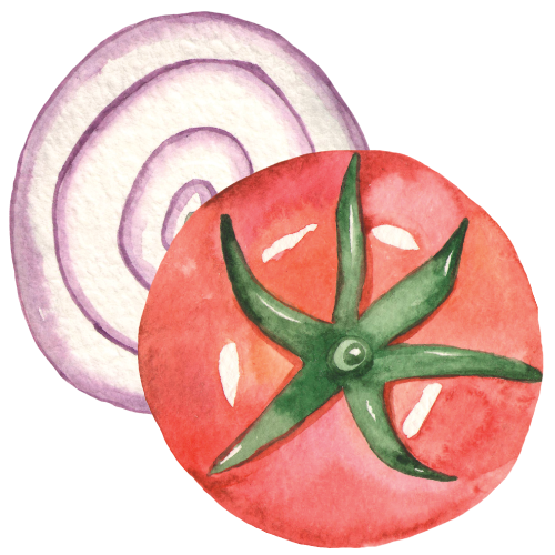 Watercolor of a tomato and a sliced onion